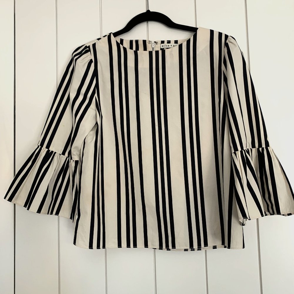 Alice + Olivia Vertical Stripe Blouse Bell Sleeve Back Zip Black & Off White S